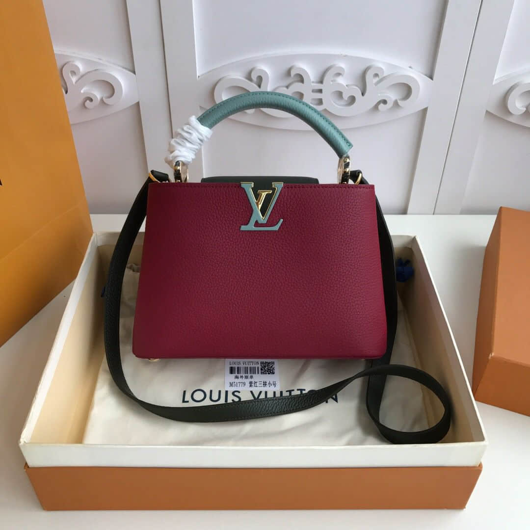 原单LV女士手提包 LV/路易威登 紫红色拼色Capucines小号手袋 原单LV手提包 