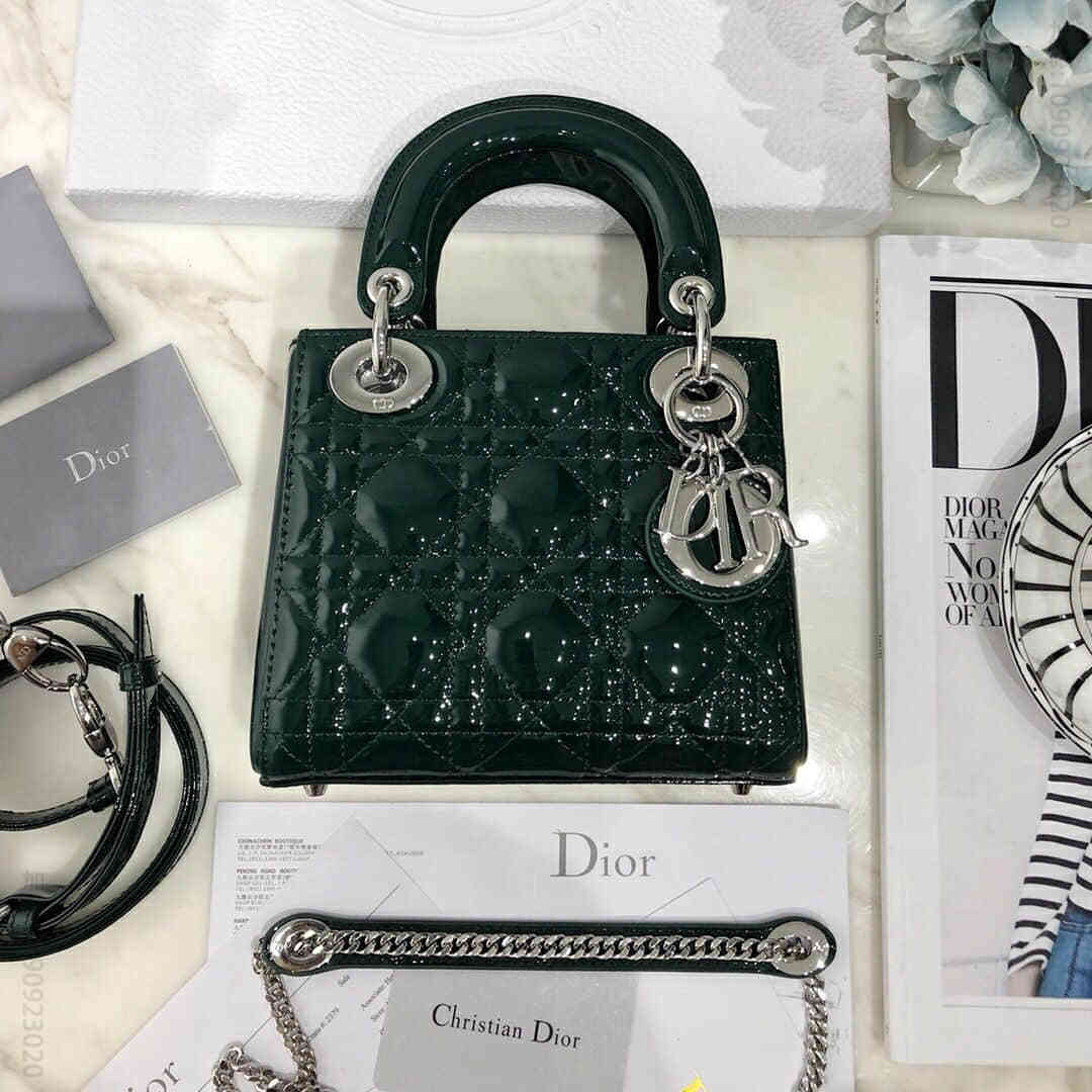 Dior/迪奥 Mini lady classic 系列漆皮墨绿三格戴妃包 17CM银