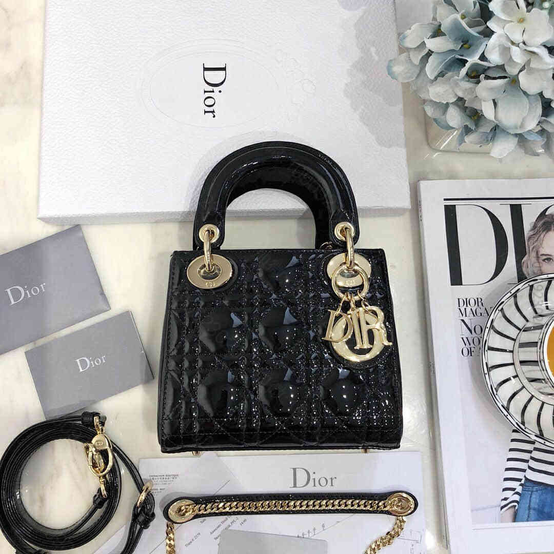 Dior/迪奥 Mini lady classic 系列漆皮黑色三格戴妃包 ...