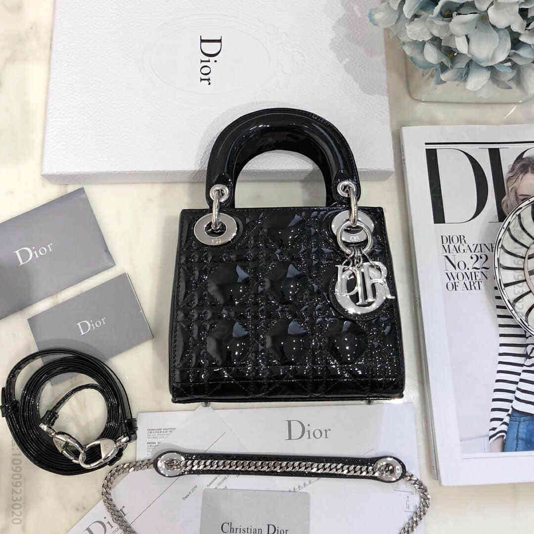 Dior/迪奥 Mini lady classic 系列漆皮黑色三格戴妃包 ...