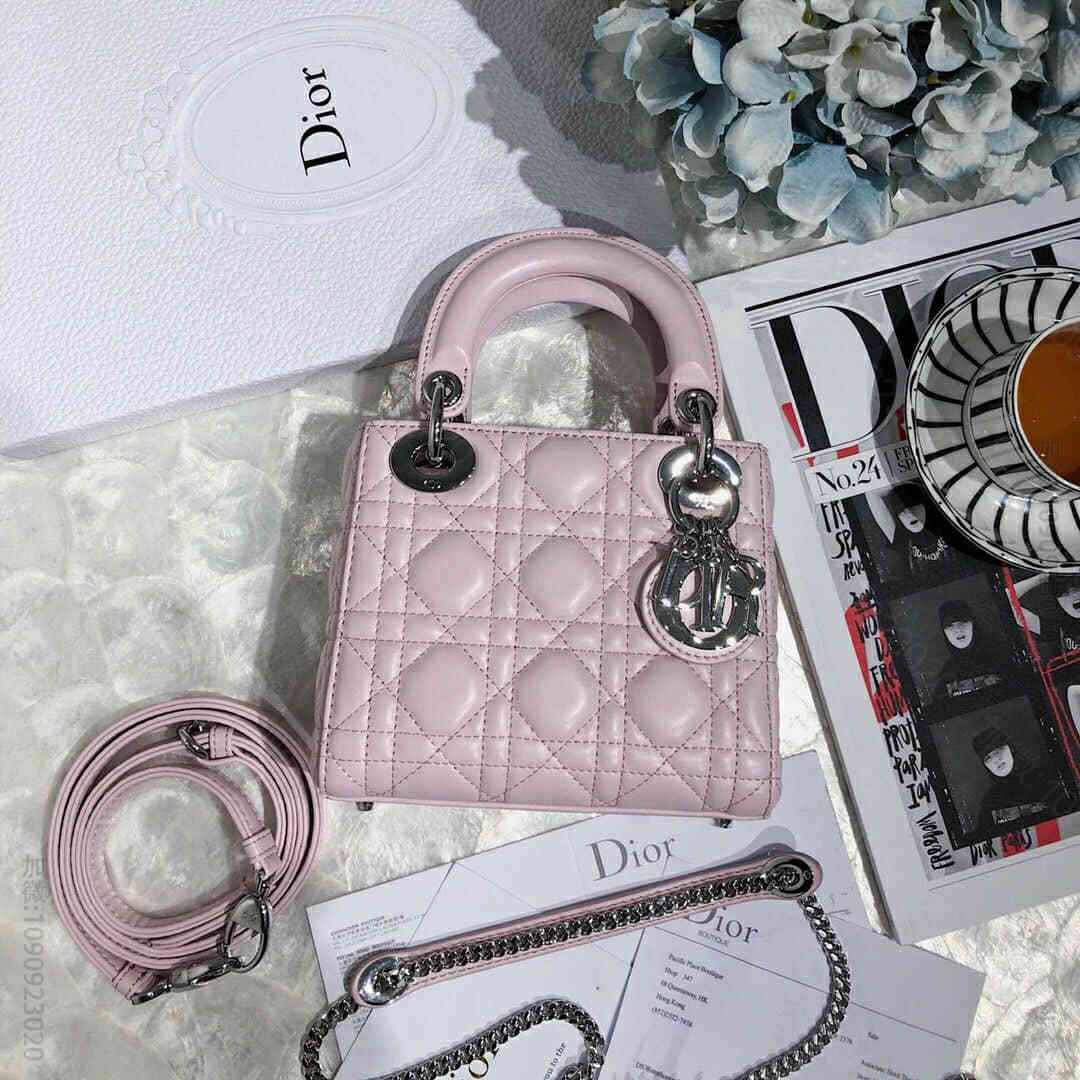 Dior/迪奥 Mini lady classic 系列羊皮樱花粉三格戴妃包...