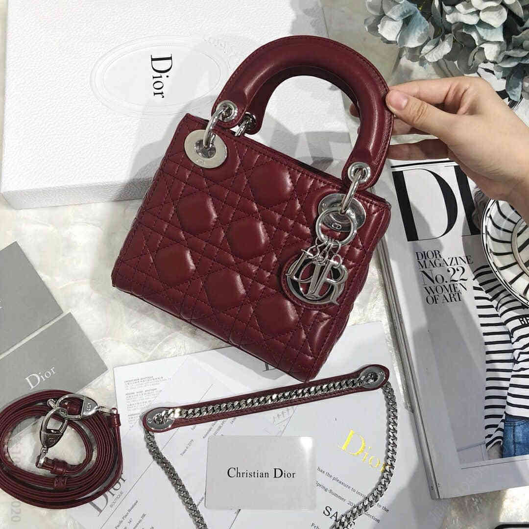 Dior/迪奥 Mini lady classic 系列羊皮酒红三格戴妃包 17CM银