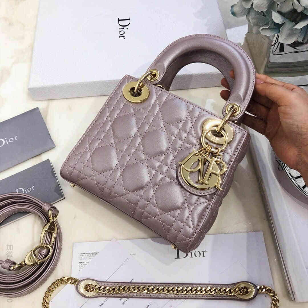 Dior/迪奥 Mini lady classic 系列羊皮闪电粉三格戴妃包...