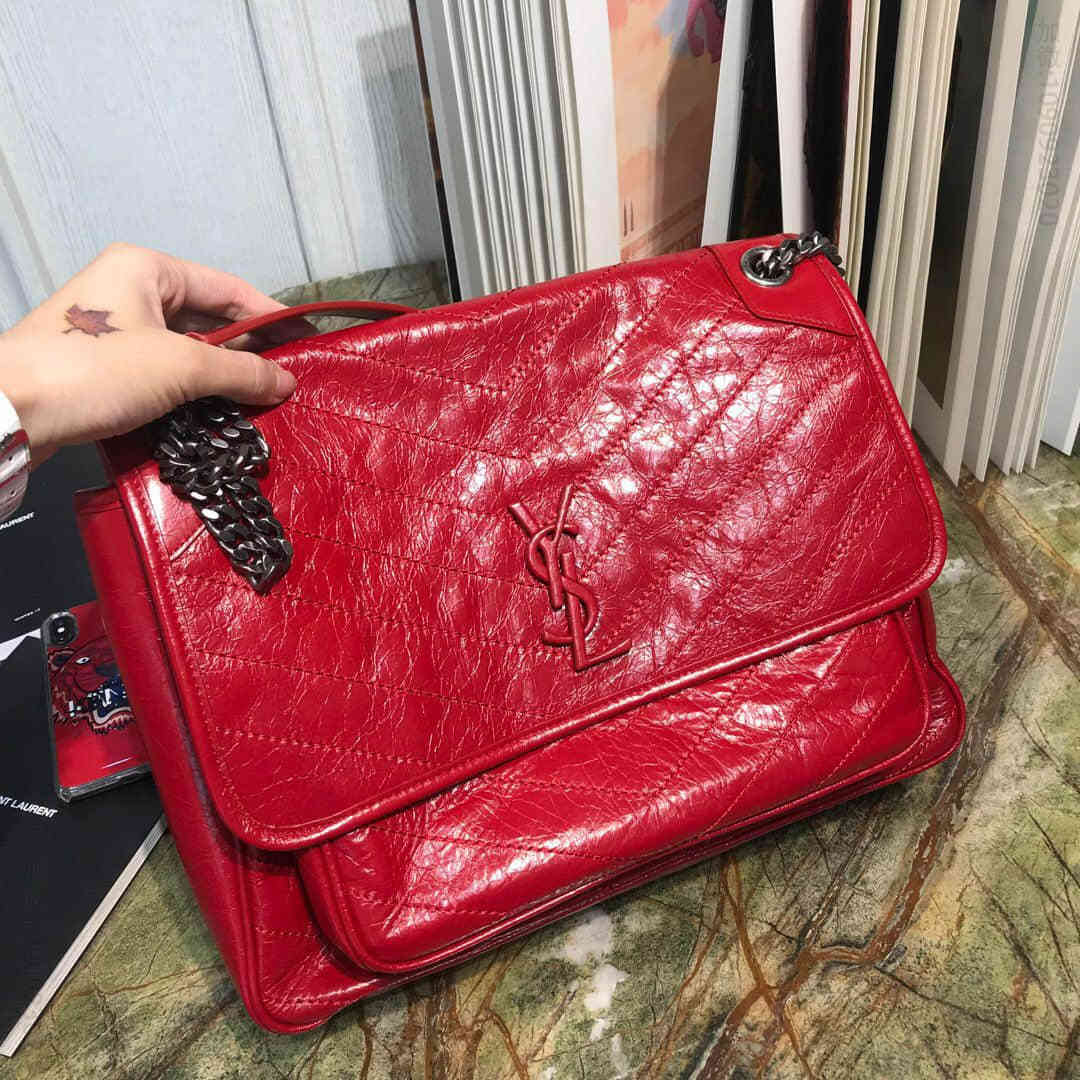 ysl/圣罗兰Saint Laurent大号niki复古旧褶皱雾绗缝皮革邮差包498830艳红