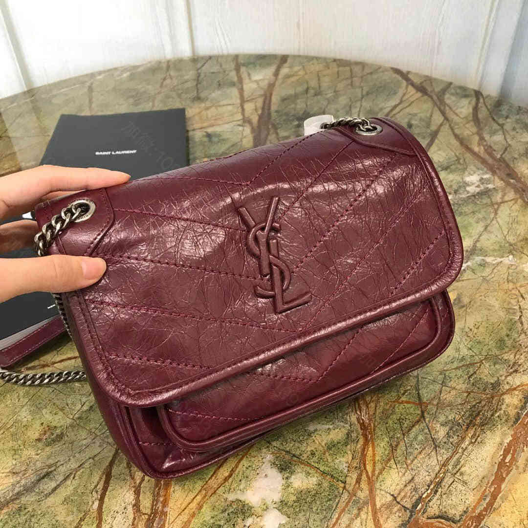 YSL/圣罗兰 Baby Niki 褶皱绗缝真皮邮差包 533037 酒红