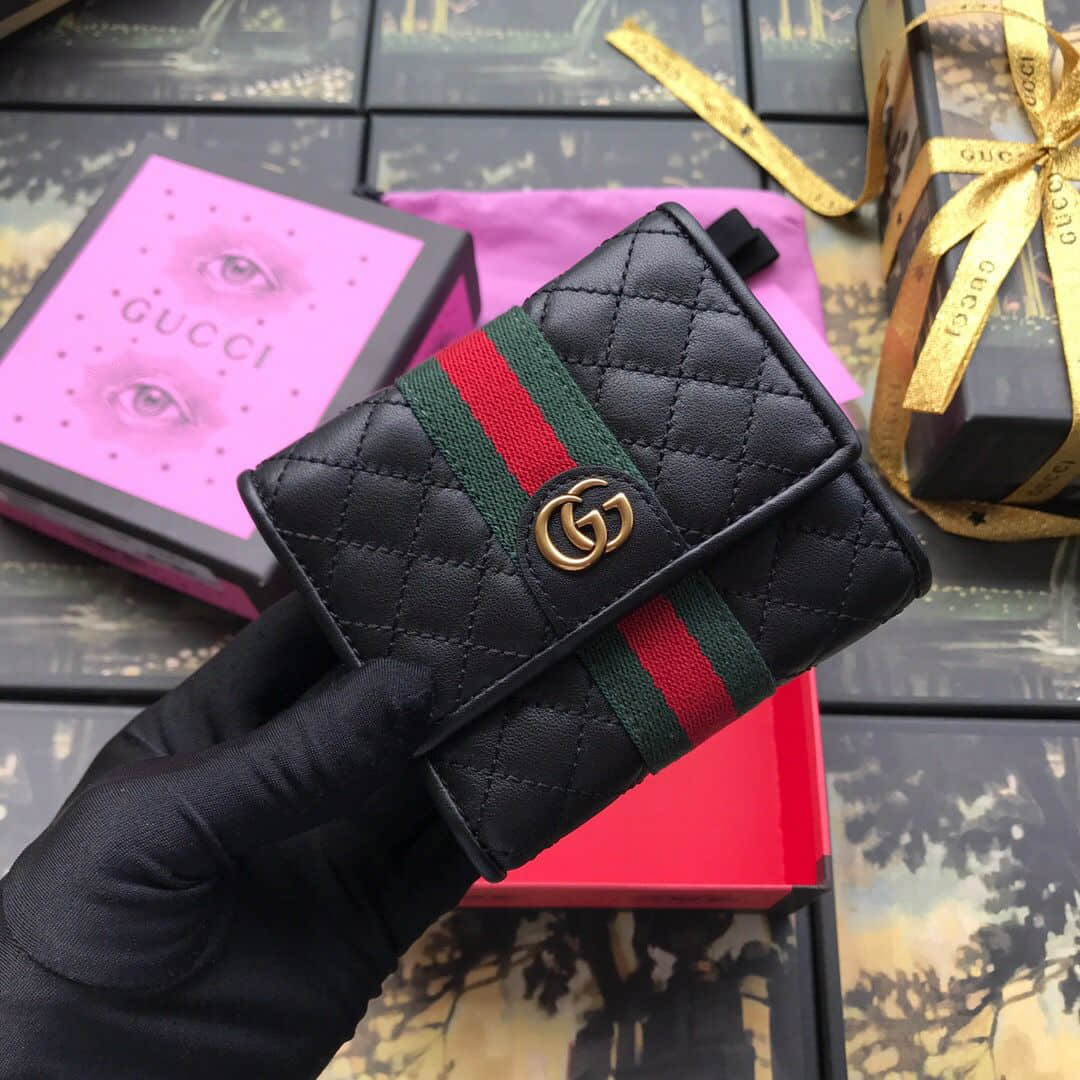 Gucci古驰/536449 平纹黑全皮织带装饰钱包
