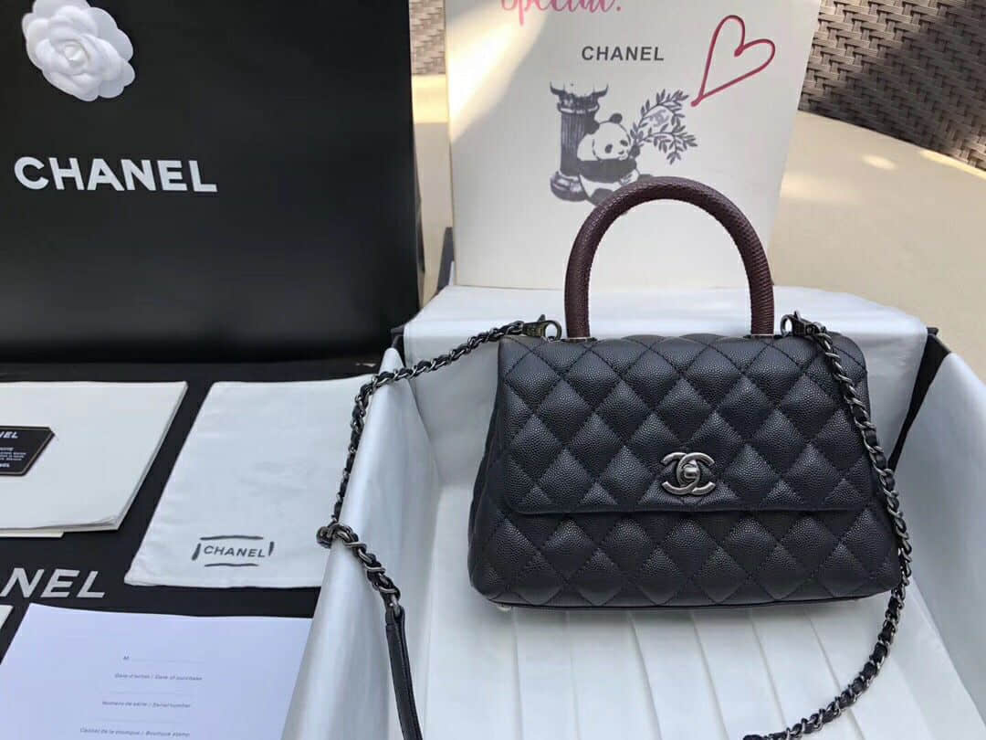 Chanel/香奈儿 蜥蜴手柄拼色 coco handle 小号手提包