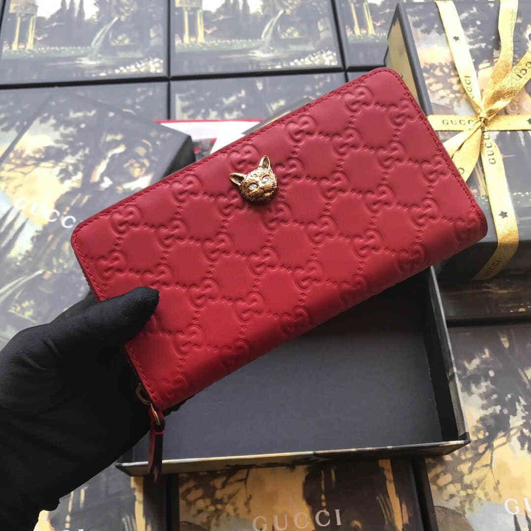 Gucci古驰/2023早春新款Signature系列猫头五金钱包 548058全皮