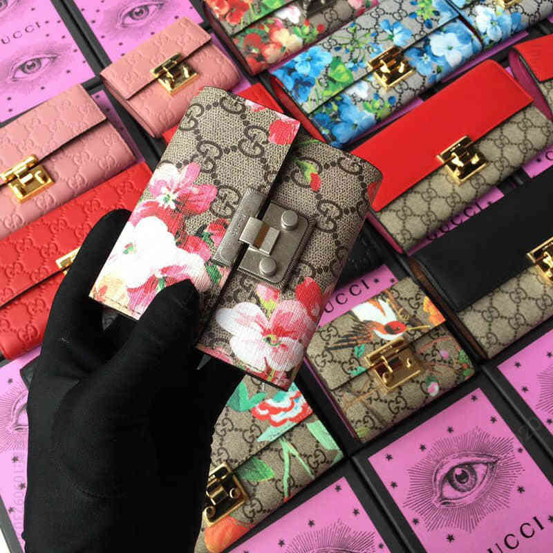 Gucci 高仿古驰钱包/padlock系列新款短款皮夹 453155红花玫瑰粉 女士钱包
