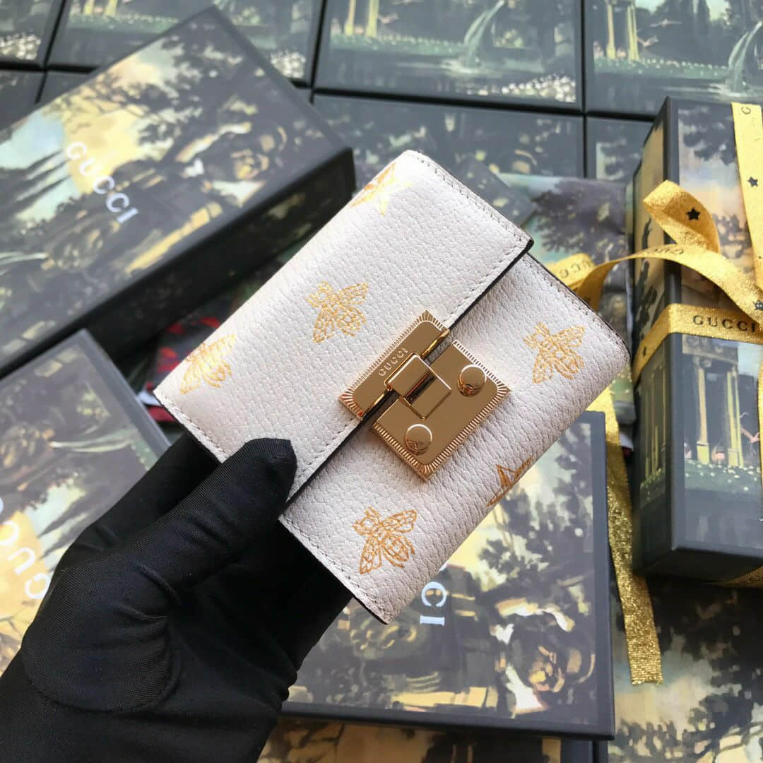 Gucci古驰/蜜蜂星星padlock系列新款短款皮夹 453155白蜜蜂