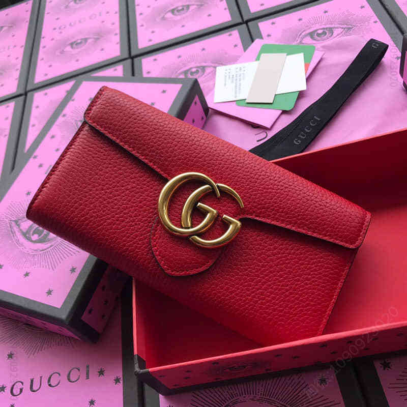 Gucci古驰/双G金属长款二折皮夹 400586大红全皮