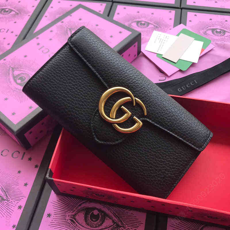 Gucci古驰/双G金属长款二折皮夹 400586黑色全皮