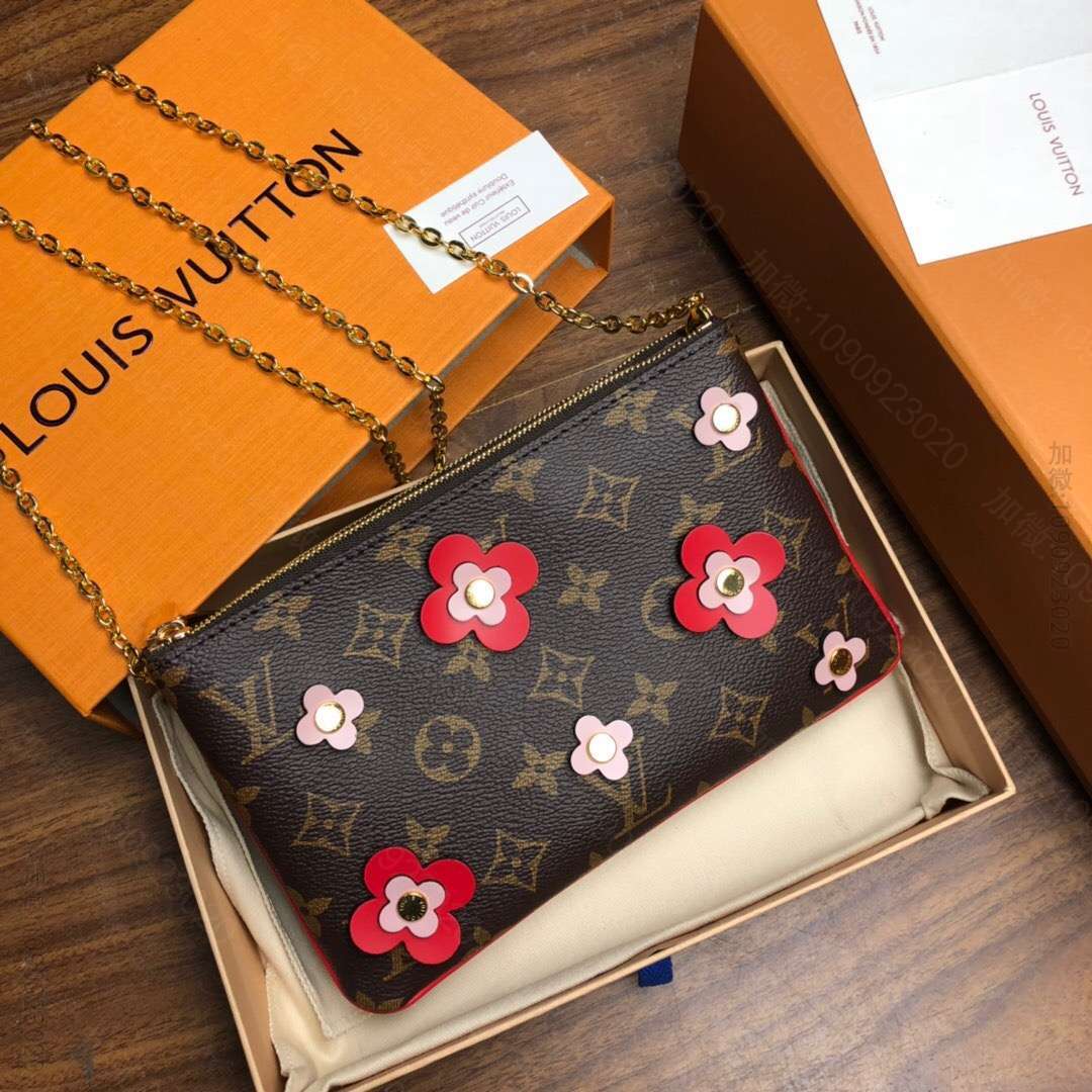 LV Pochette Double Zip Woc小花朵双层链条包