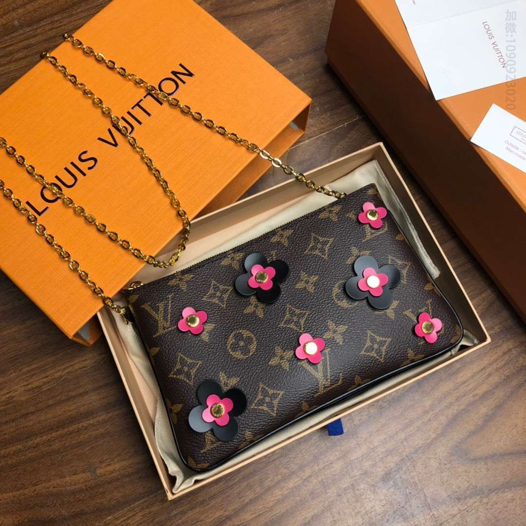 LV Pochette Double Zip Woc小花朵双层链条包