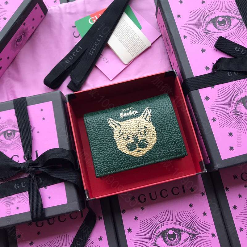 Gucci古驰/516938墨绿猫头全皮卡包