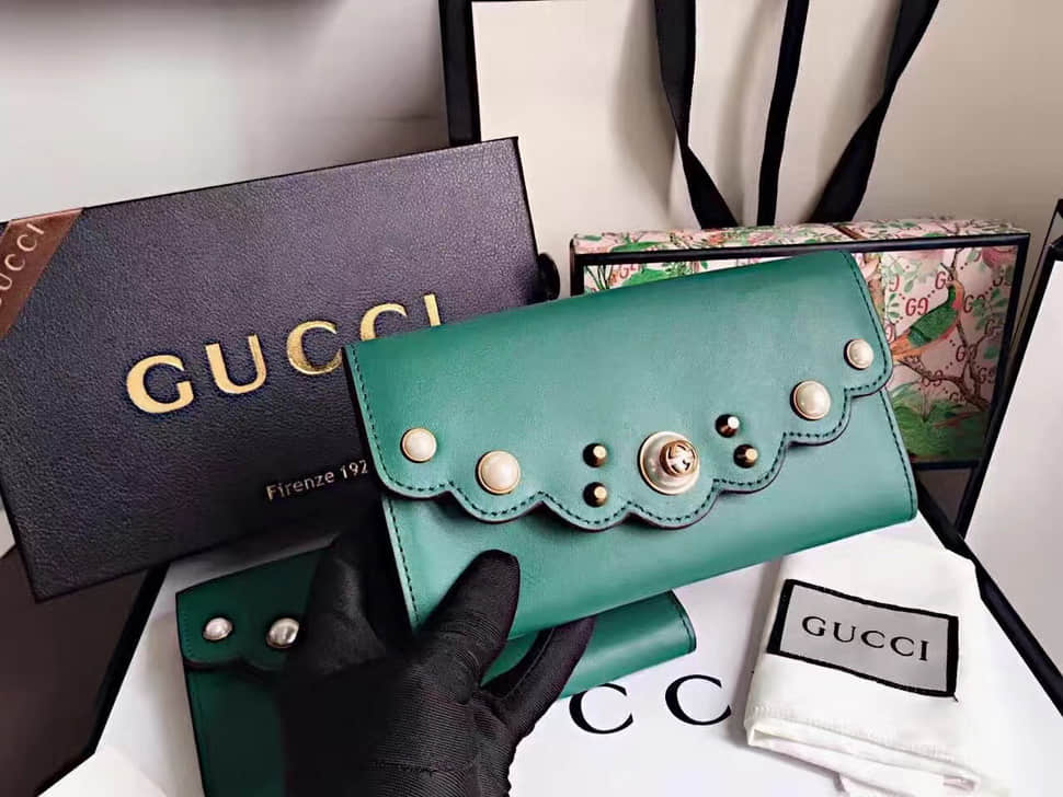 古驰钱包 Gucci 2017最新款 香港专柜同款 431474 按扣 女士长款铆钉珍珠系列钱夹 