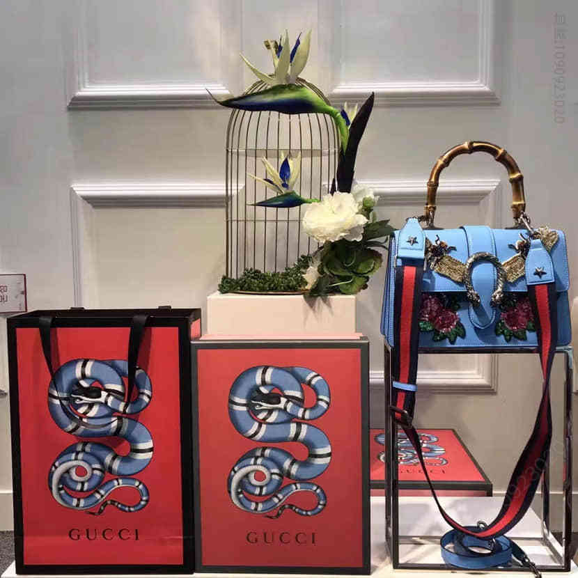 Gucci古驰 香港代购 Dionysus 蜻蜓玫瑰贴花 刺绣真皮手提包448075