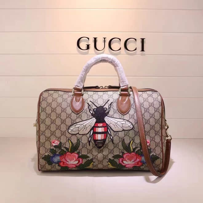 Gucci奢侈名品古驰女士单肩包 专柜最新款 409527蜜蜂刺绣 原单品质 最新波士顿桶包 