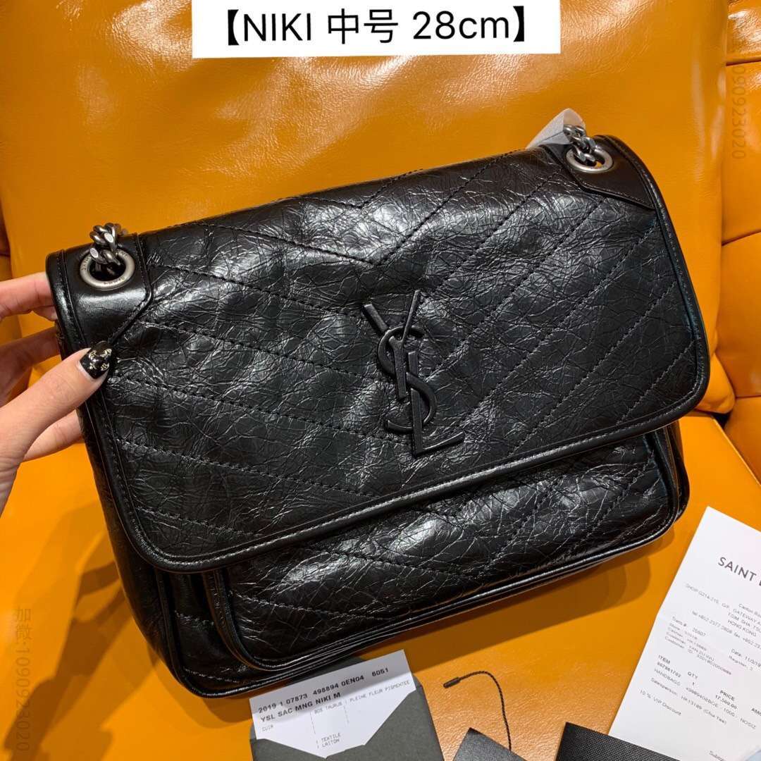 ysl/圣罗兰 中号niki复古旧褶皱雾绗缝皮革邮差包 498894黑色