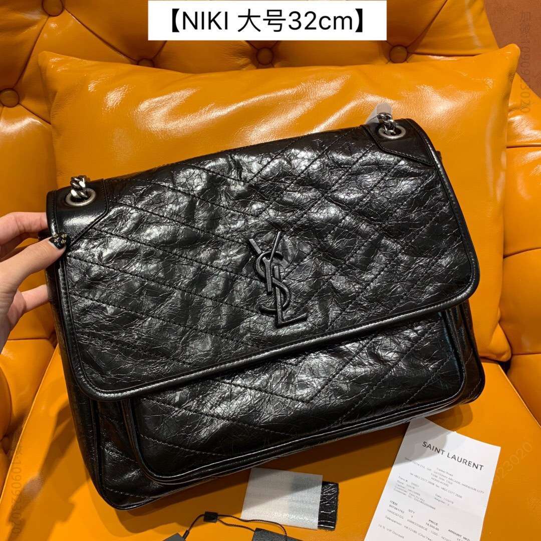 高仿YSL斜跨女包 奢侈品牌YSL斜跨女包 ysl/圣罗兰 大号niki复古旧褶皱雾绗缝皮革邮差包498830黑色 