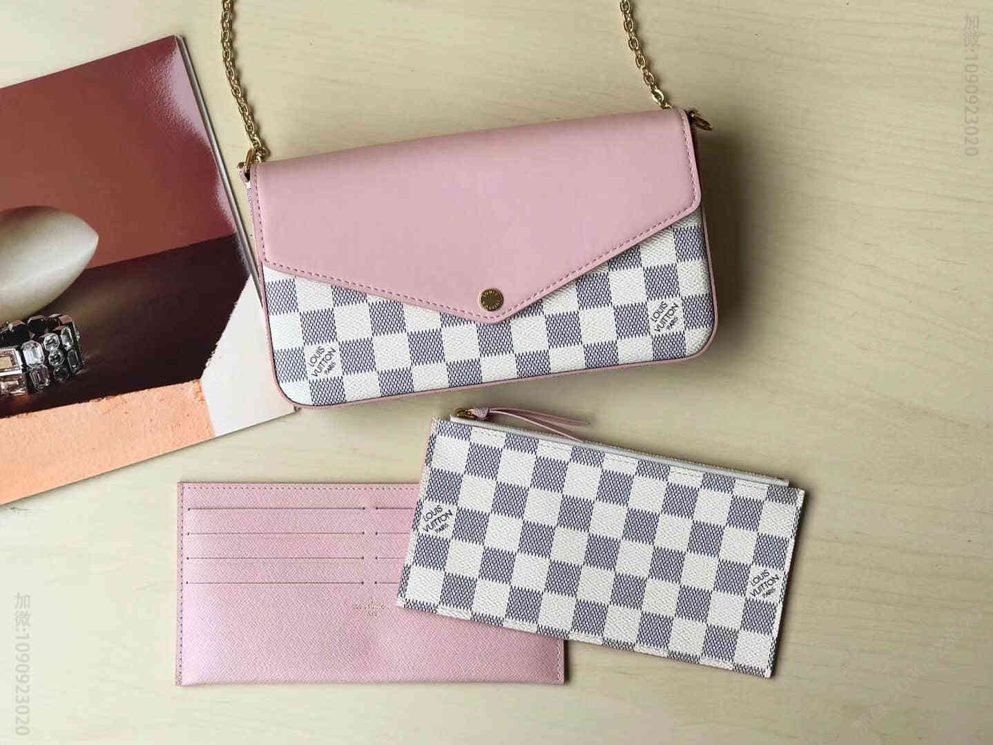 LV N60235 白棋盘格拼粉色FELICIE信封包三件套单肩斜跨包