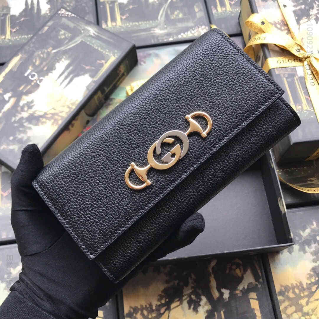 Gucci古驰 573612 互扣式马衔扣黑全皮长夹钱包