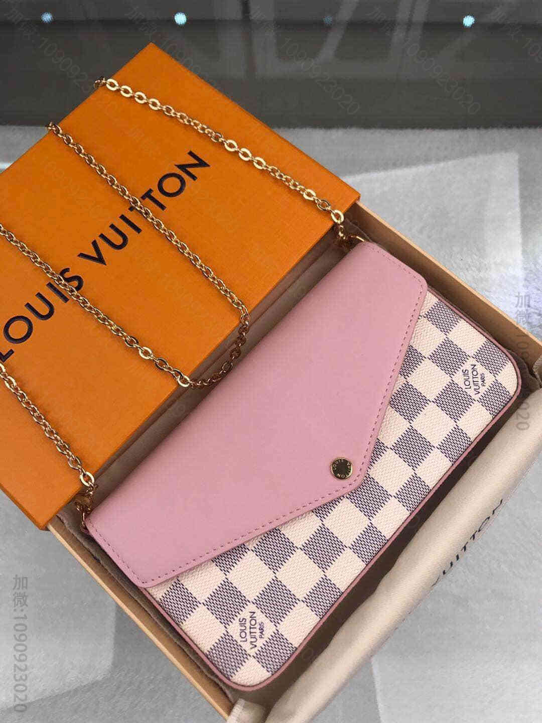 LV 路易威登 FELICIE 白棋盘格 拼皮 粉色 三合一 信封包 N60...