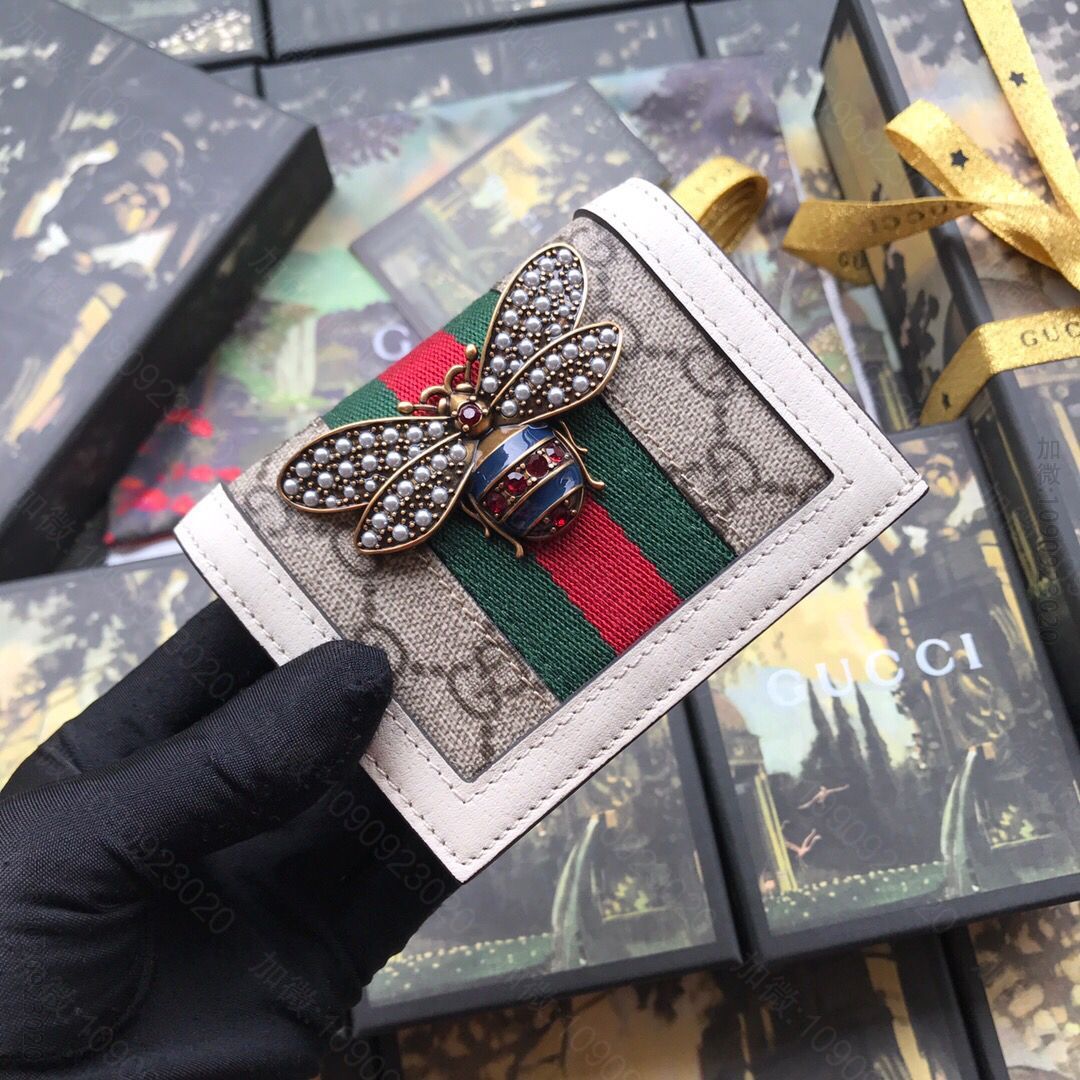 Gucci古驰/Margaret玛格丽特蜜蜂珍珠装饰复古拉链卡包476072
