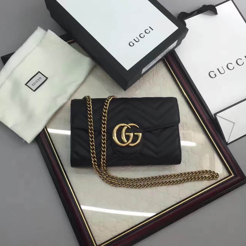 Gucci奢侈品牌古驰肩背包 443122 名媛必备单品黑色全皮单肩斜挎包链条包 