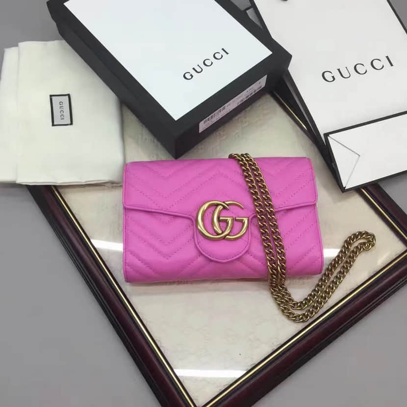 Gucci奢侈品牌古驰肩背包 443122A 名媛必备单品粉色全皮单肩斜挎包晚宴包 