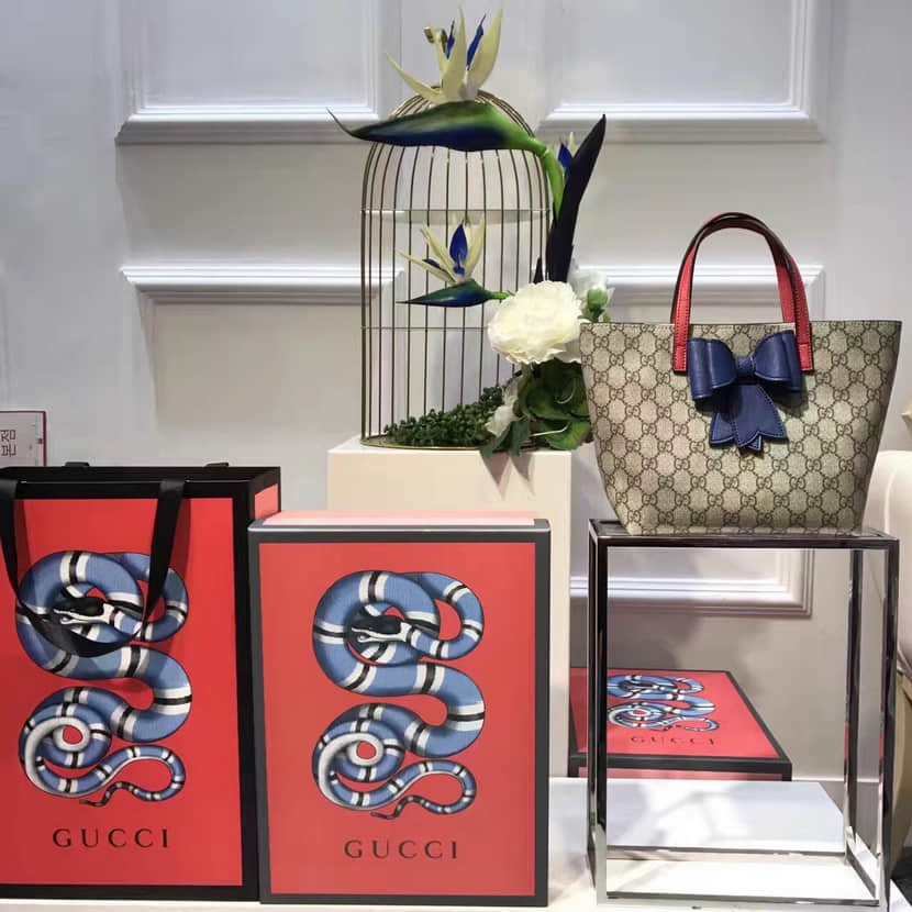 Gucci 古驰女士购物袋 香港专柜代购 457232 GG帆布 蝴蝶结图案 手提 女士购物包 