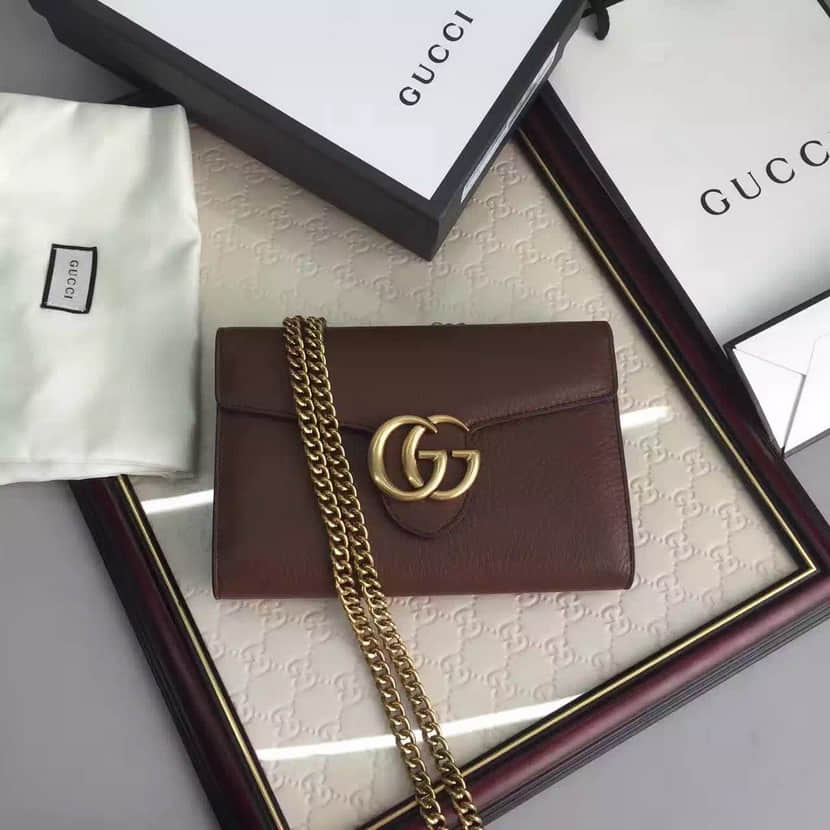 Gucci奢侈品牌古驰肩背包 美国官网女款GG Marmont链条牛皮斜挎包401232 