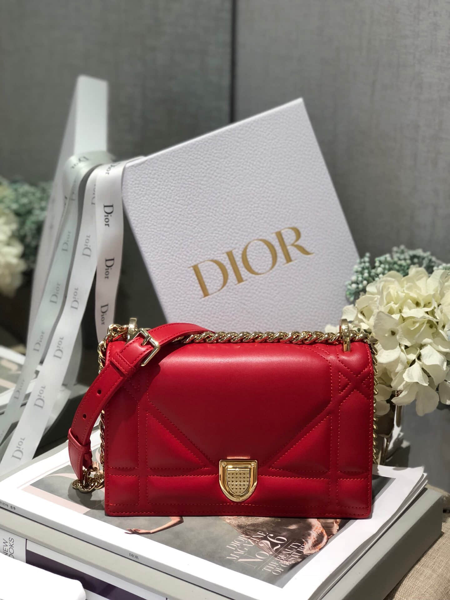 Dior/迪奥 Diorama新款小羊皮单肩斜挎链条包 21CM法国红