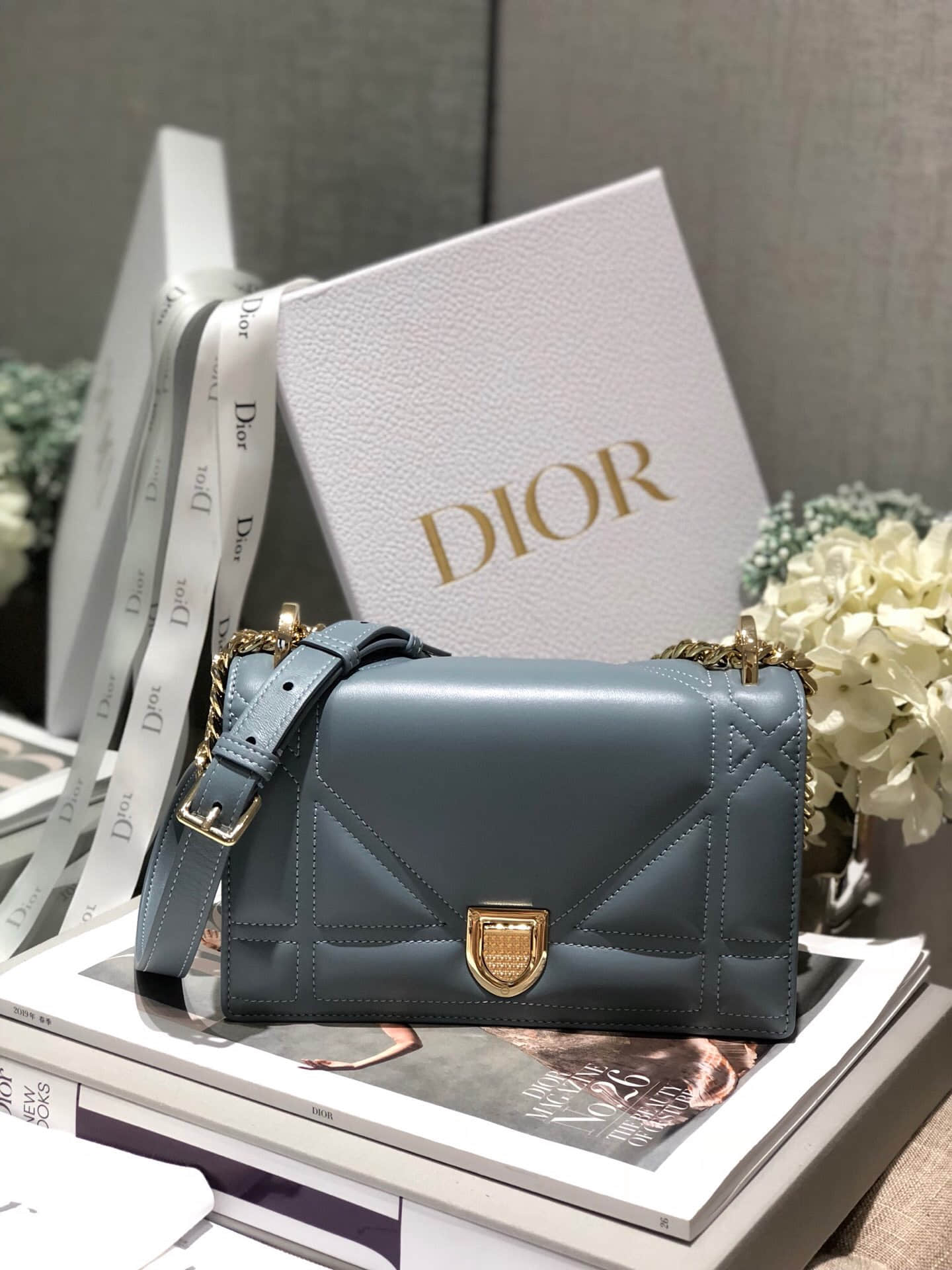 Dior/迪奥 Diorama新款小羊皮单肩斜挎链条包 21CM雾霾蓝