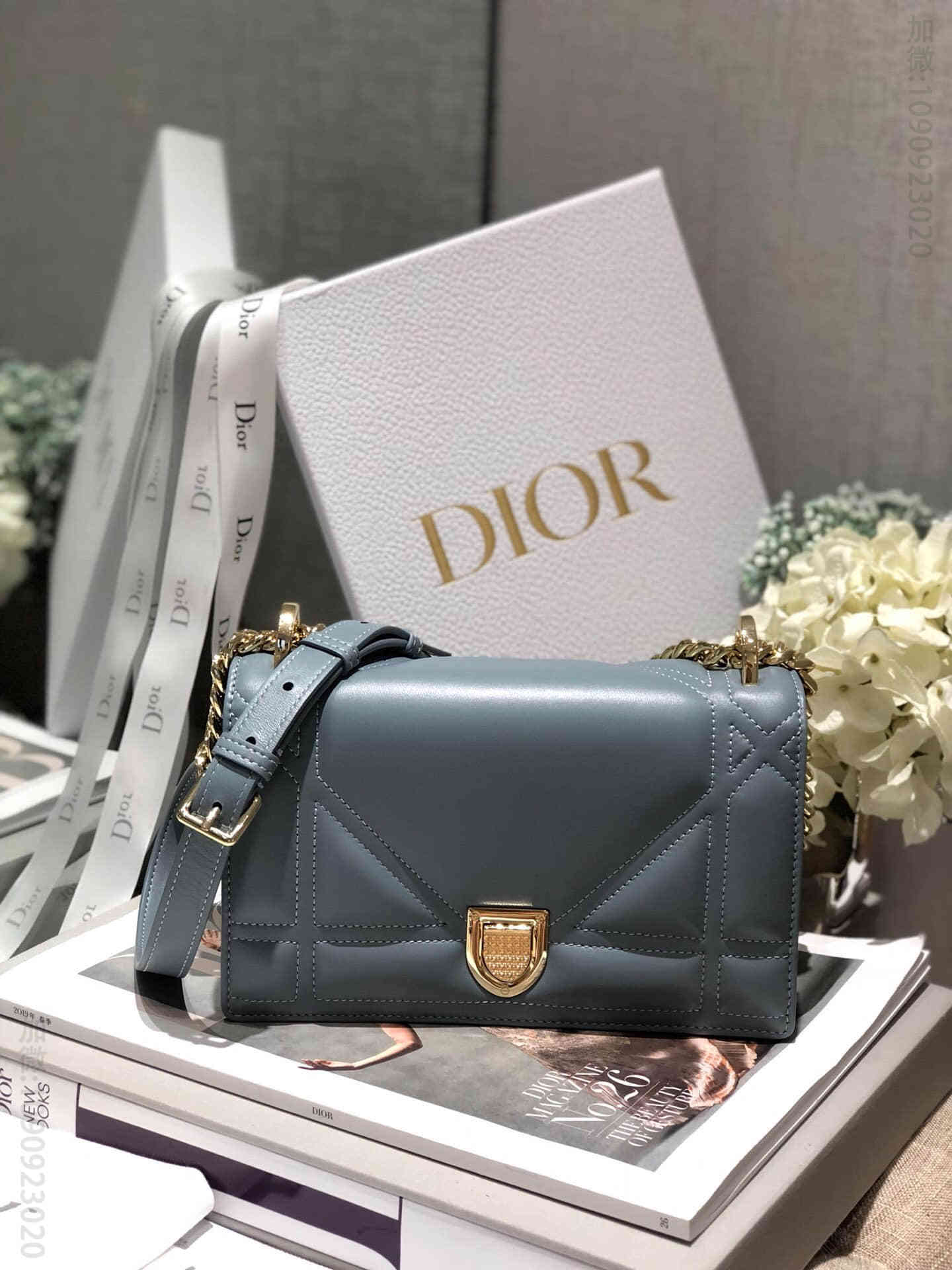 精仿迪奥女士单肩包 迪奥单肩包 Dior/迪奥 Diorama新款小羊皮单肩斜挎链条包 21CM雾霾蓝 迪奥女包 