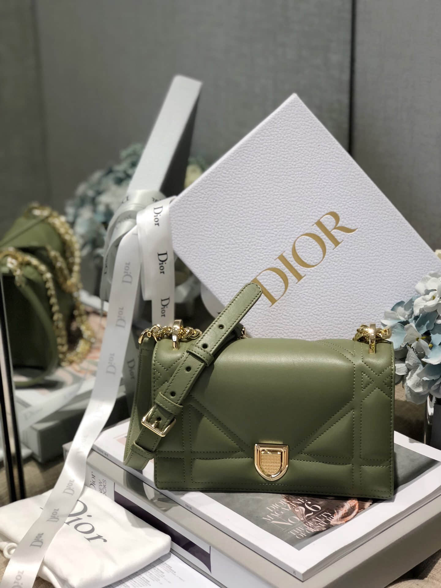 Dior/迪奥 Diorama新款小羊皮单肩斜挎链条包 21CM墨绿