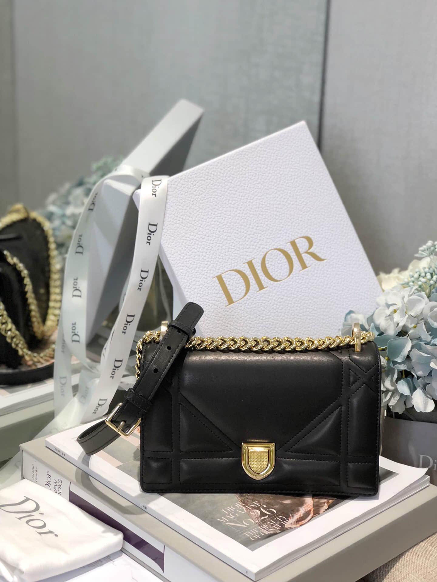 Dior/迪奥 Diorama新款小羊皮单肩斜挎链条包 21CM黑色