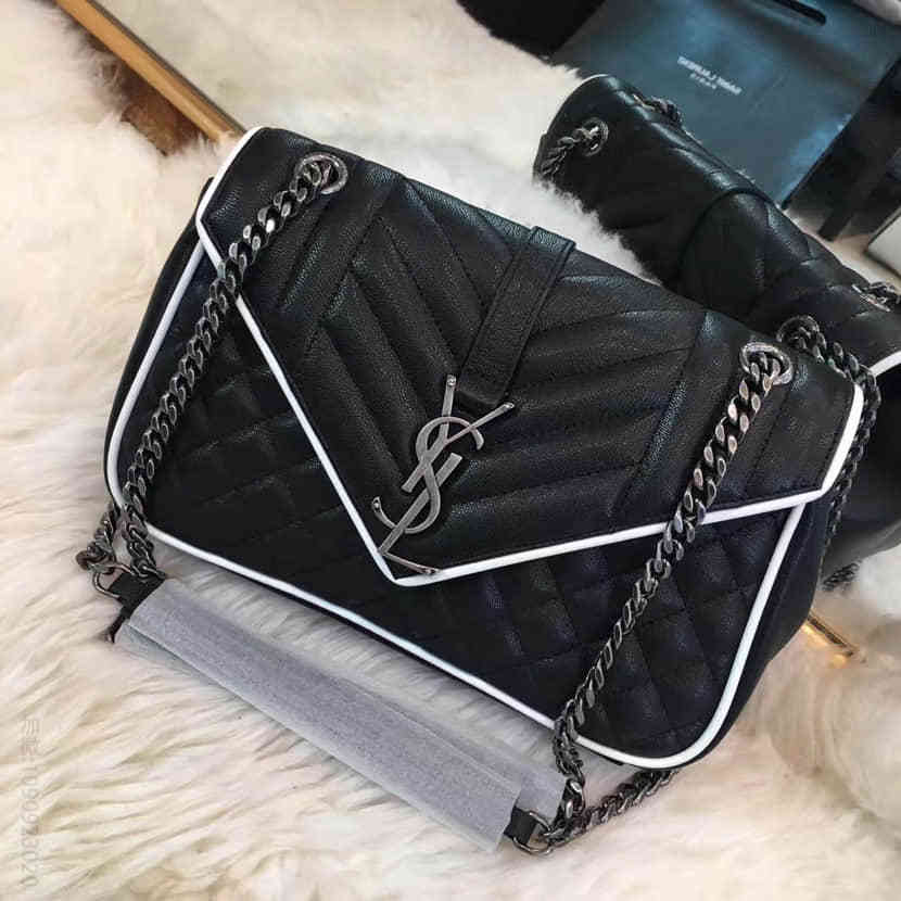 YSL经典中号MONOGRAM SAINT LAURENT白鸽色和黑色混合拼接真皮挎包428125