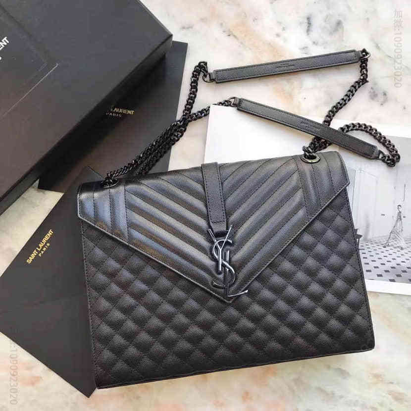 SAINT LAURENT经典MONOGRAM SAINT LAURENT SATCHEL大号黑色粒纹复合提花皮革手袋前翻盖包