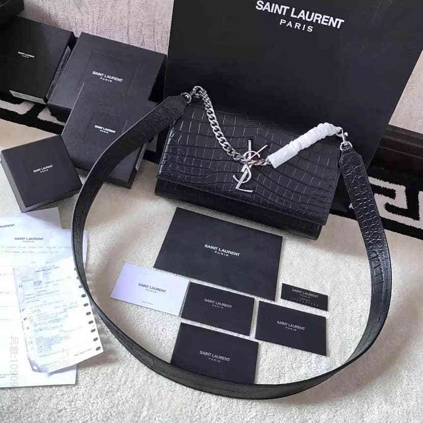 YSL圣罗兰经典中号KATE MONOGRAM SAINT LAURENT黑色鳄鱼压纹皮革双手柄挎包446753