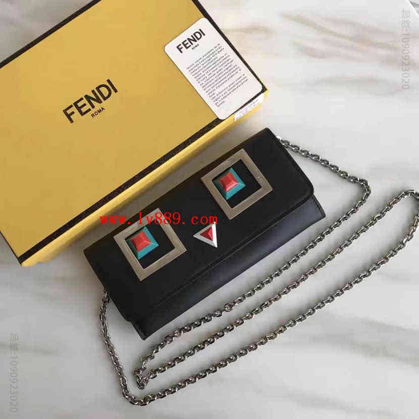 官网同款 芬迪FENDI 0251泡泡黑色小牛皮 小鸡长款皮夹 链条包