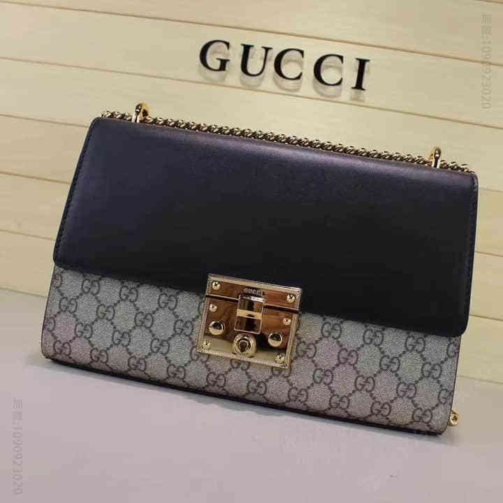 Gucci古驰 /女包小方包秋冬padlock牛皮拼色单肩斜挎包 409486克棕 G