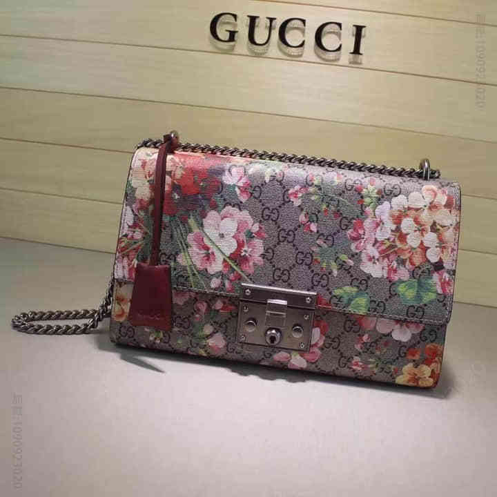 古驰肩背包 Gucci古驰奢侈品牌 天竺葵花新款复古包 印花斜跨包 花卉真皮 链条女包 409486玫瑰红 ( G 古驰肩背包 