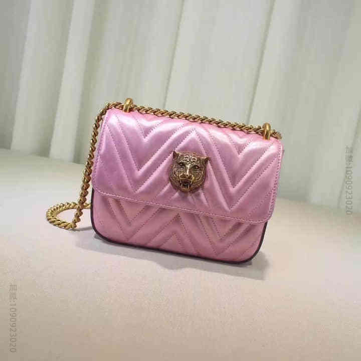 Gucci古驰 金属色猫头链条包女单肩包 432581粉 g