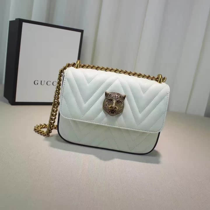 Gucci古驰奢侈品牌 原单/ 金属色猫头链条包女单肩包 432581白 古驰肩背包 