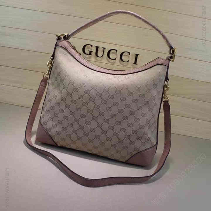 Gucci古驰 原单 /女款棕色双G织布配皮斜挎手提包 326514裸粉