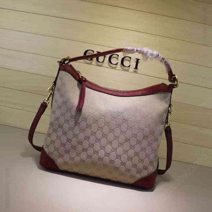 Gucci古驰 官网/女款棕色双G织布配皮斜挎手提包 326514枣红