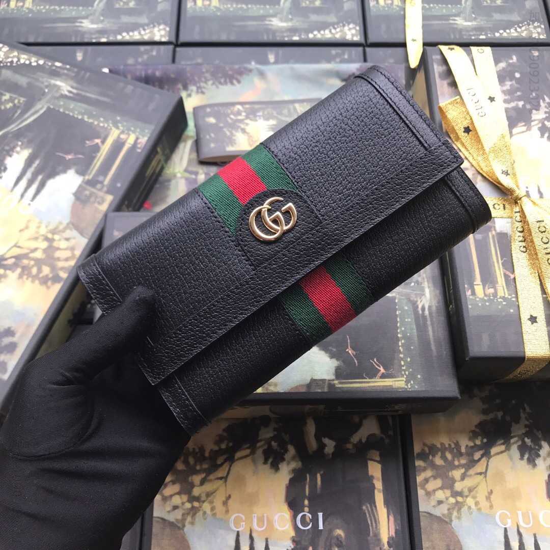 Gucci古驰 Ophidia系列翻盖长夹钱包 523153黑全皮