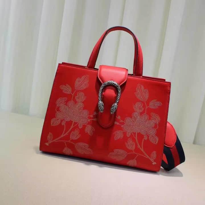Gucci古驰 444073红色 17新款真皮特别版花卉刺绣斜跨手提女包
