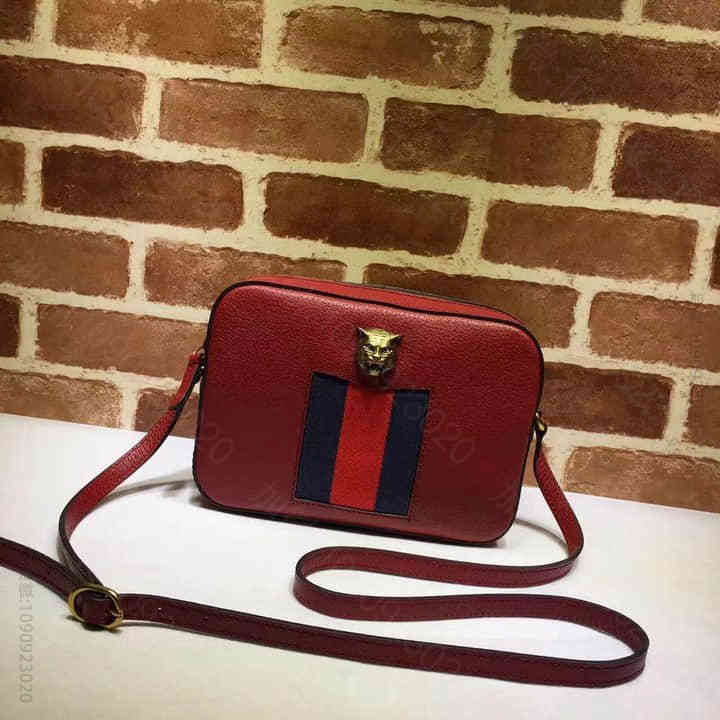 Gucci古驰 原单 412009红色 复古虎头牛皮斜挎相机包女包小方包
